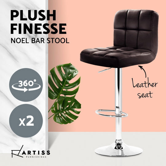 2x Bar Stools Leather Gas Lift Adjustable Brown Counter Chairs - Artiss Swivel Chrome Chocolate