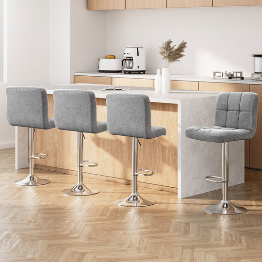 4x Bar Stools Leather Gas Lift Grey - Fabric