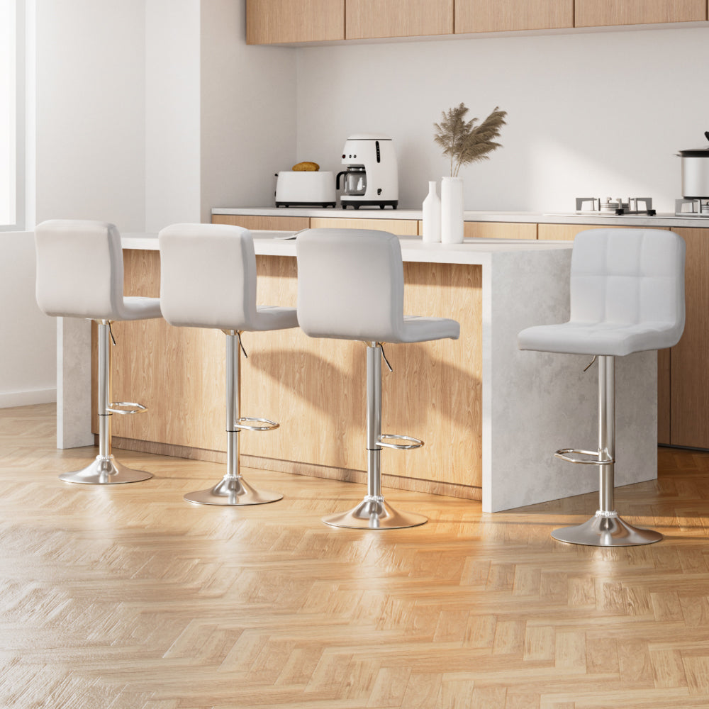 4x Bar Stools Leather Gas Lift White Adjustable Height