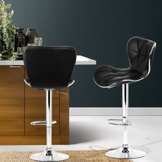 2x Bar Stools Gas Lift Leather Seat Black - Table & Bar Stools