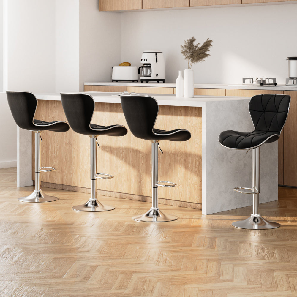 4x Bar Stools Gas Lift Leather Seat Black