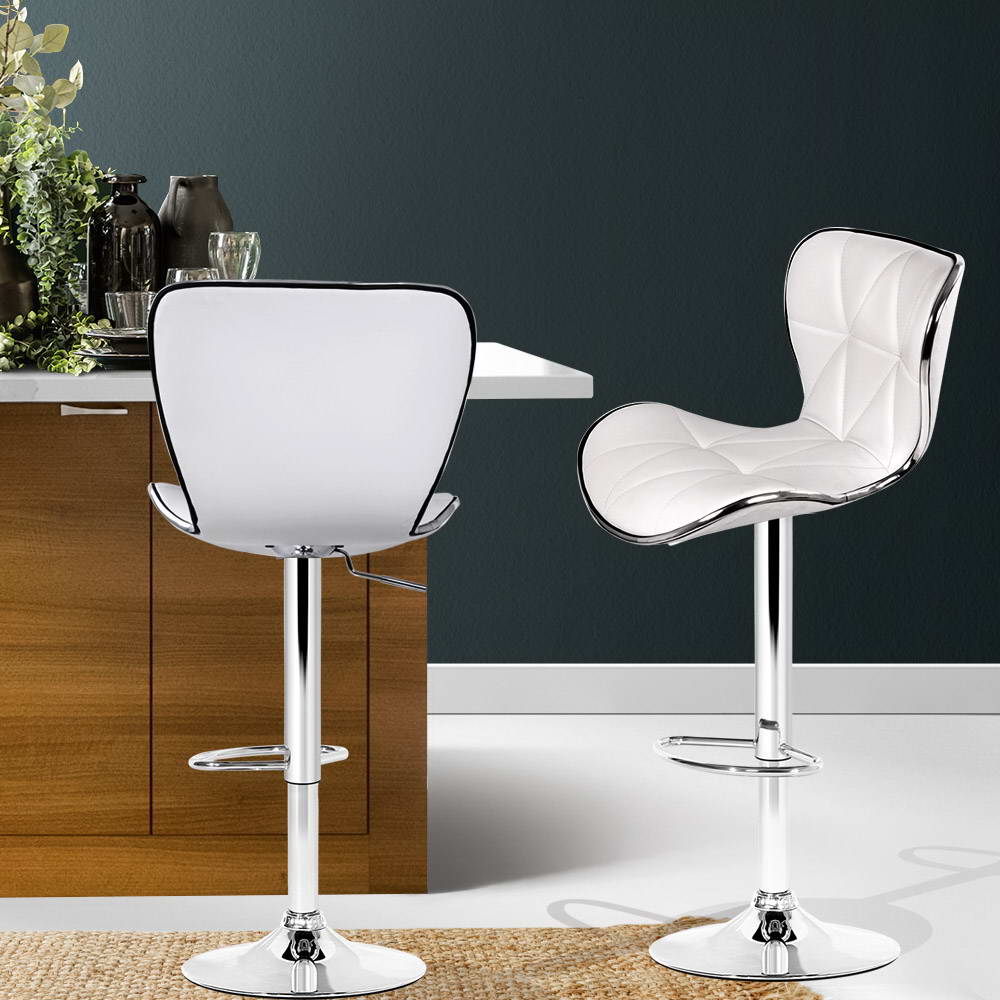 Set of 2 Bar Stools White PU Leather Gas Lift Swivel Kitchen Chairs