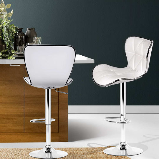 Set of 2 Bar Stools White PU Leather Gas Lift Swivel Kitchen Chairs - Table & Bar Stools