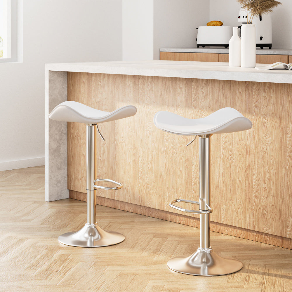 2x White Leather Bar Stools Gas Lift Adjustable Chairs