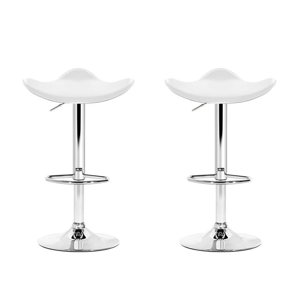 2x White Leather Bar Stools Gas Lift Adjustable Chairs