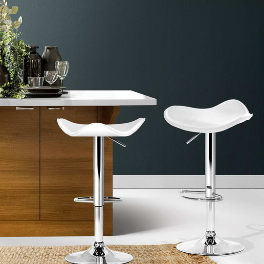 2x White Leather Bar Stools Gas Lift Adjustable Chairs - Table & Bar Stools