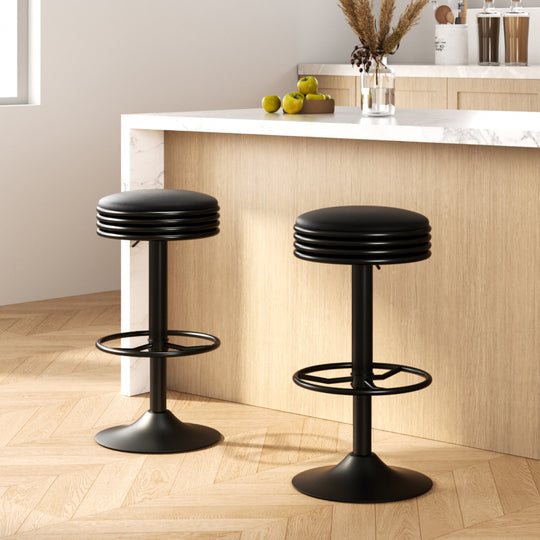 2x Bar Stools Leather Padded Gas Lift Black - Artiss Kitchen Stool Chairs