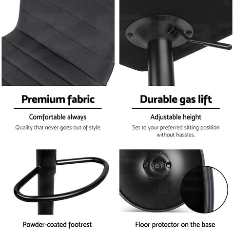 2X Bar Stools Gas Lift Linen Fabric Black