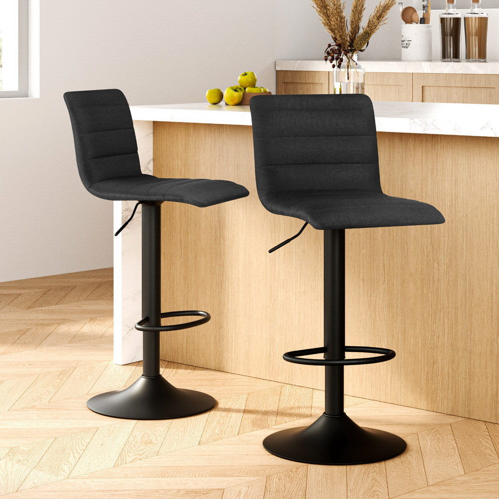 2 Pack Black Bar Stools Gas Lift Linen Fabric Adjustable Height Chairs