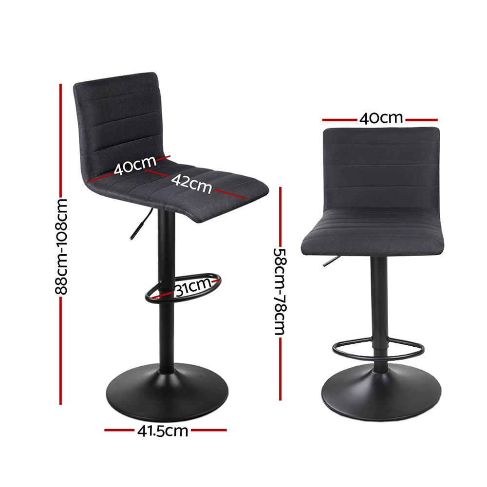 2 Pack Black Bar Stools Gas Lift Linen Fabric Adjustable Height Chairs