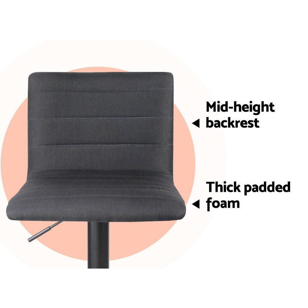 2 Pack Black Bar Stools Gas Lift Linen Fabric Adjustable Height Chairs