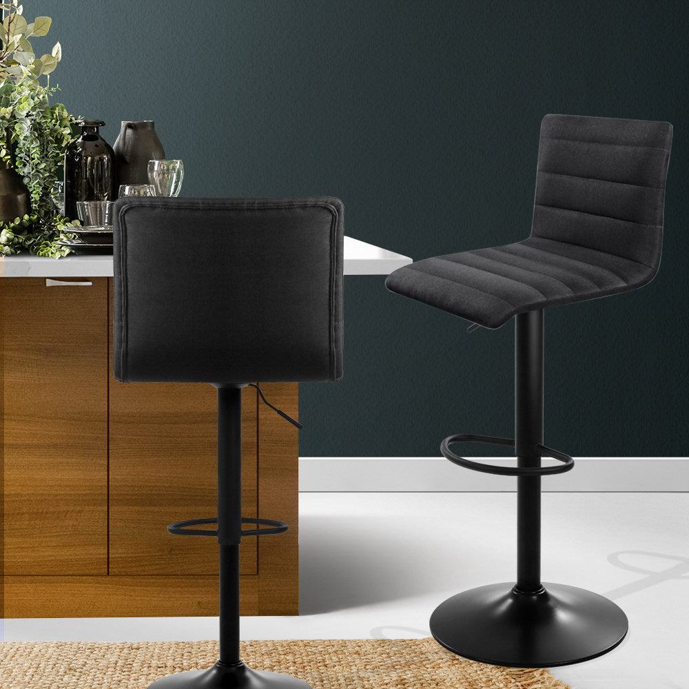 2 Pack Black Bar Stools Gas Lift Linen Fabric Adjustable Height Chairs