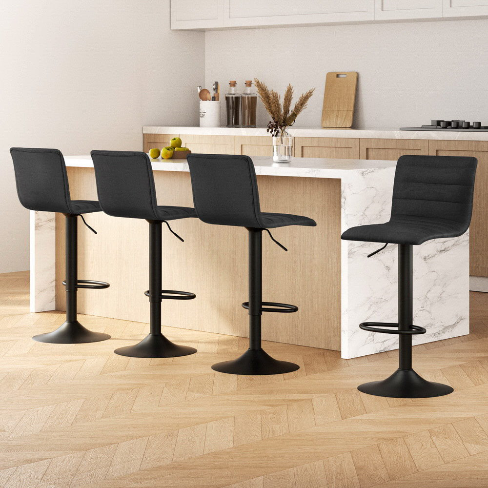 Set of 4 Bar Stools Black Linen Fabric Gas Lift Swivel Kitchen Chairs