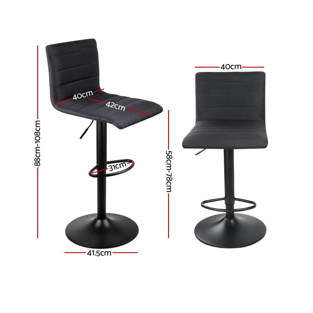 Set of 4 Bar Stools Black Linen Fabric Gas Lift Swivel Kitchen Chairs