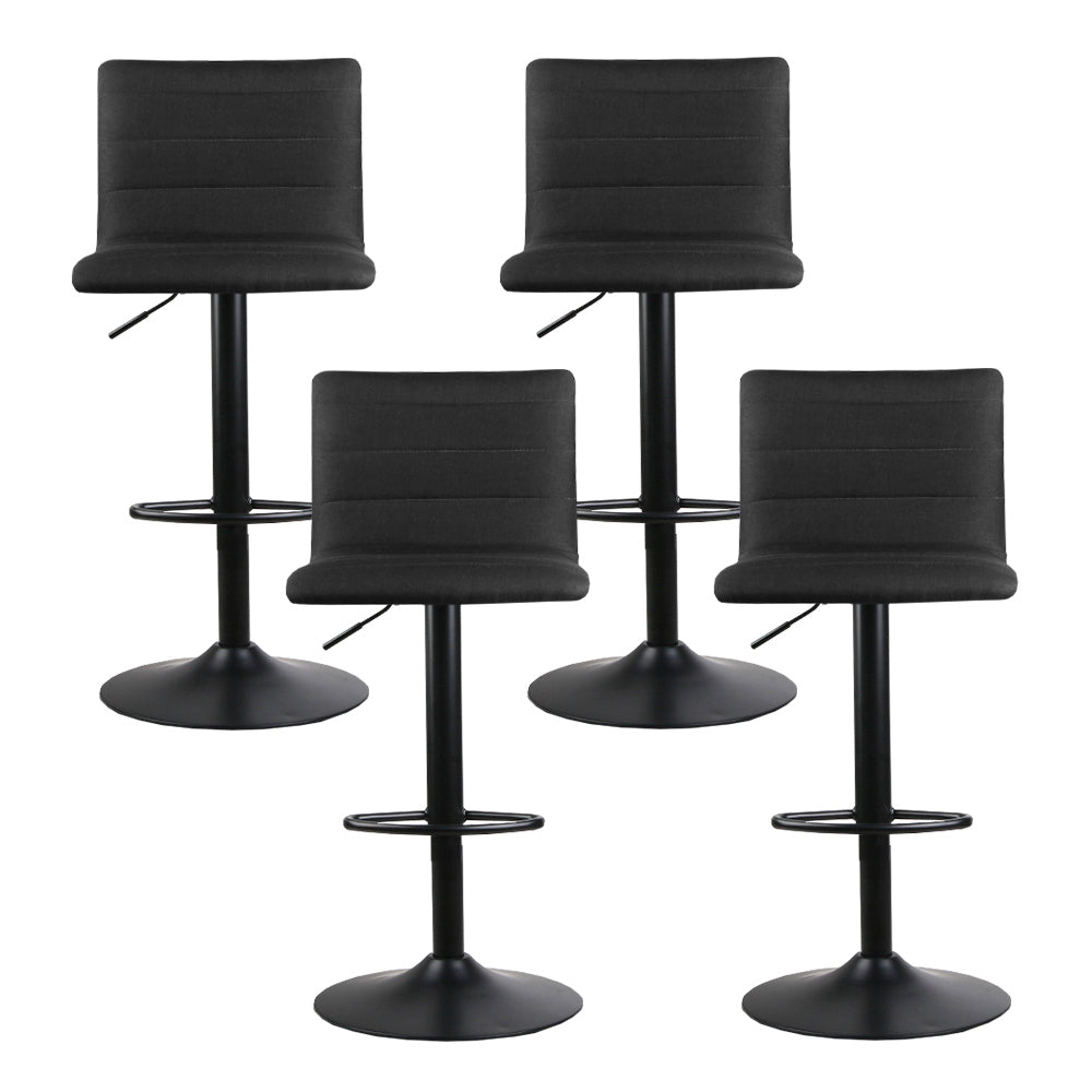 Set of 4 Bar Stools Black Linen Fabric Gas Lift Swivel Kitchen Chairs