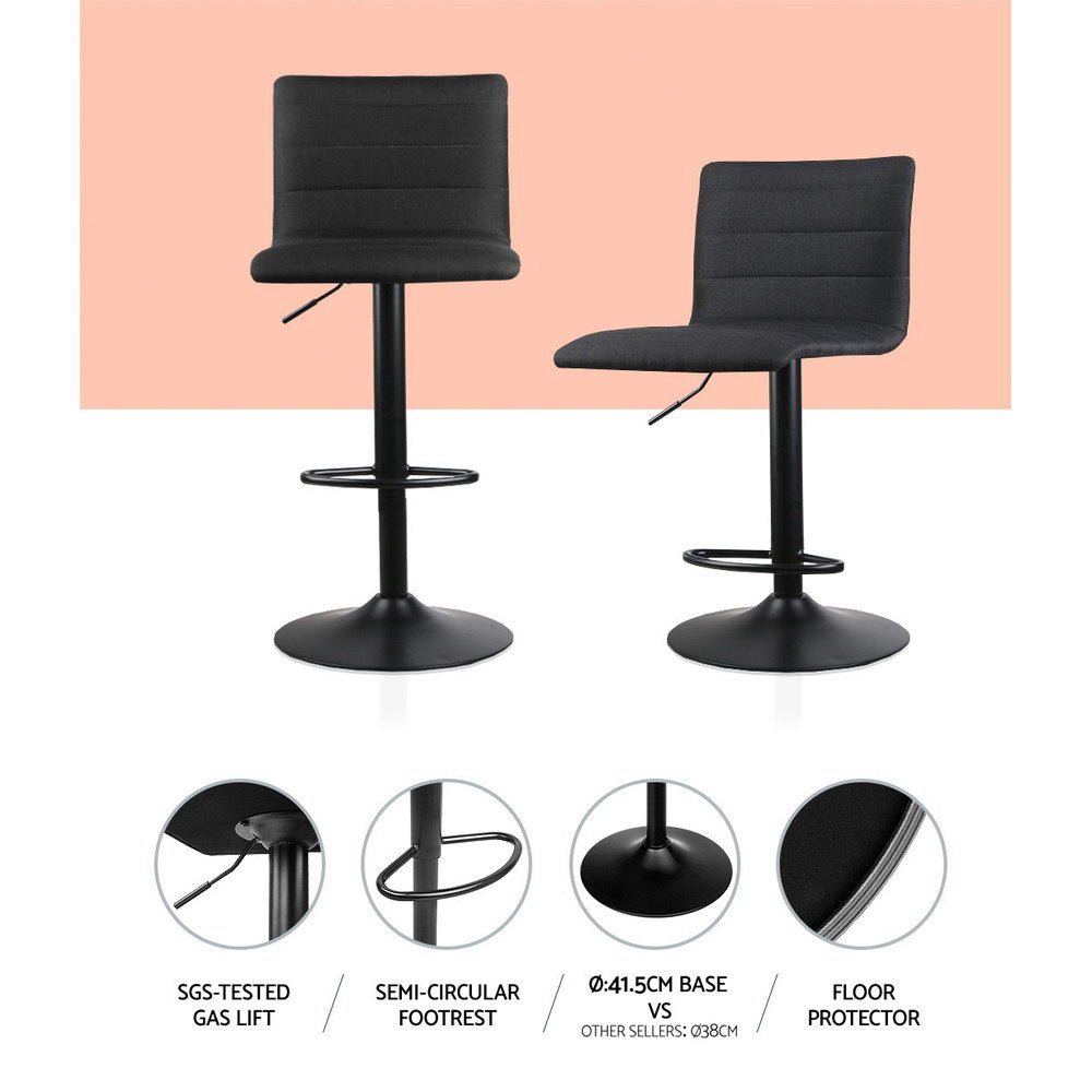 Set of 4 Bar Stools Black Linen Fabric Gas Lift Swivel Kitchen Chairs