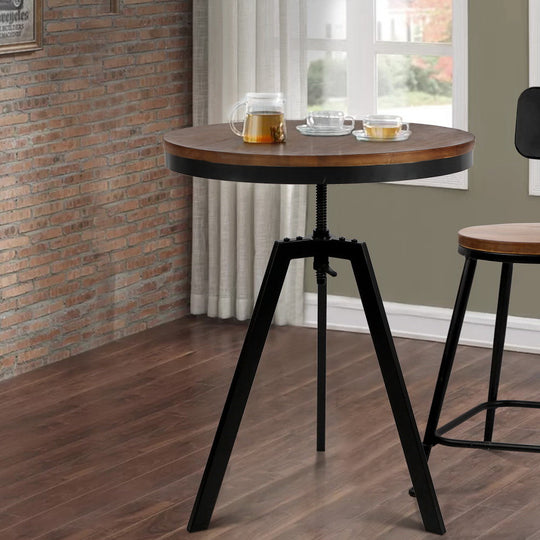 Adjustable Bar Table Round Brown 67-86cm Height Pub Table - Artiss Elm Wood Dining