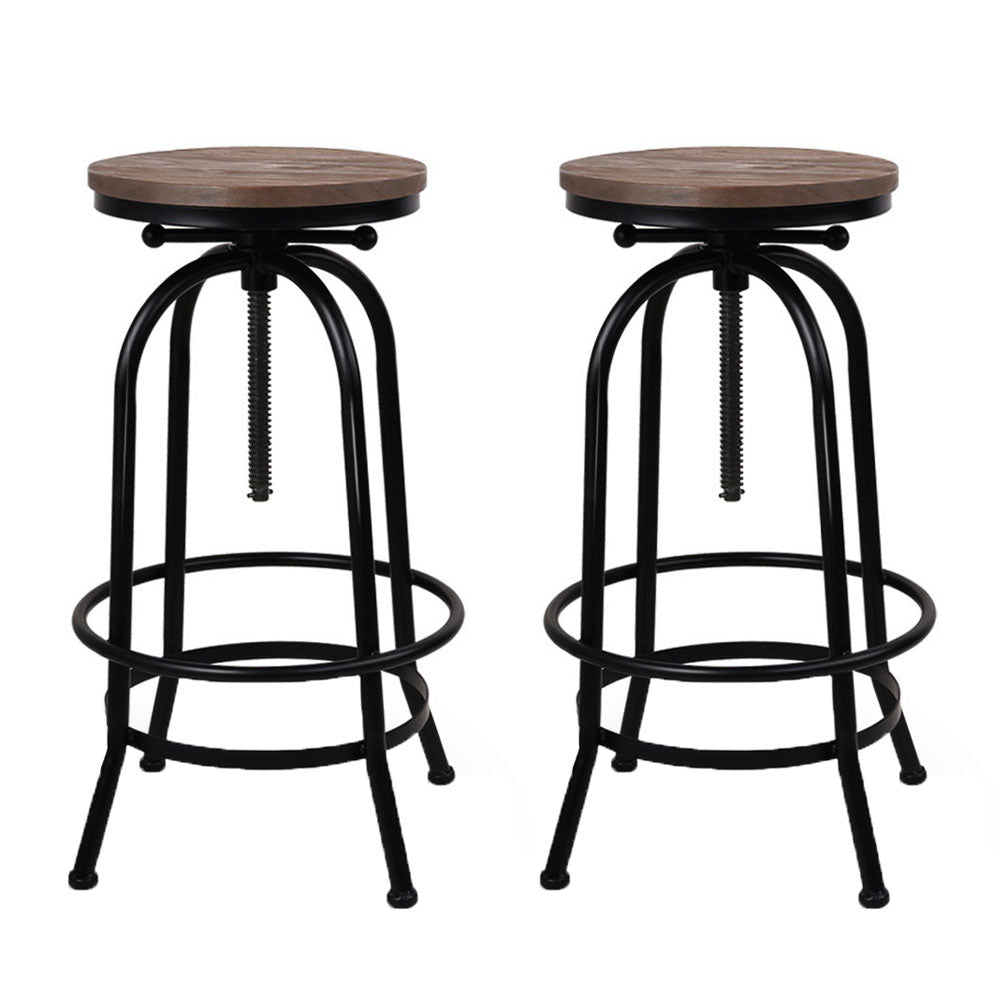 Set of 2 Bar Stool Industrial Round Seat Wood Metal - Black and Brown