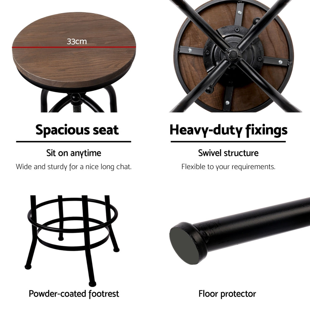 Set of 2 Bar Stool Industrial Round Seat Wood Metal - Black and Brown