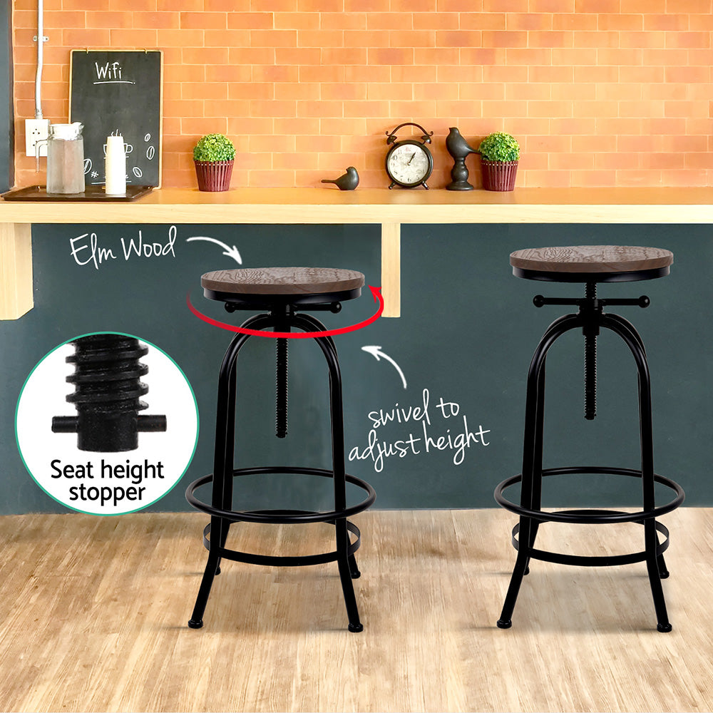 Set of 2 Bar Stool Industrial Round Seat Wood Metal - Black and Brown