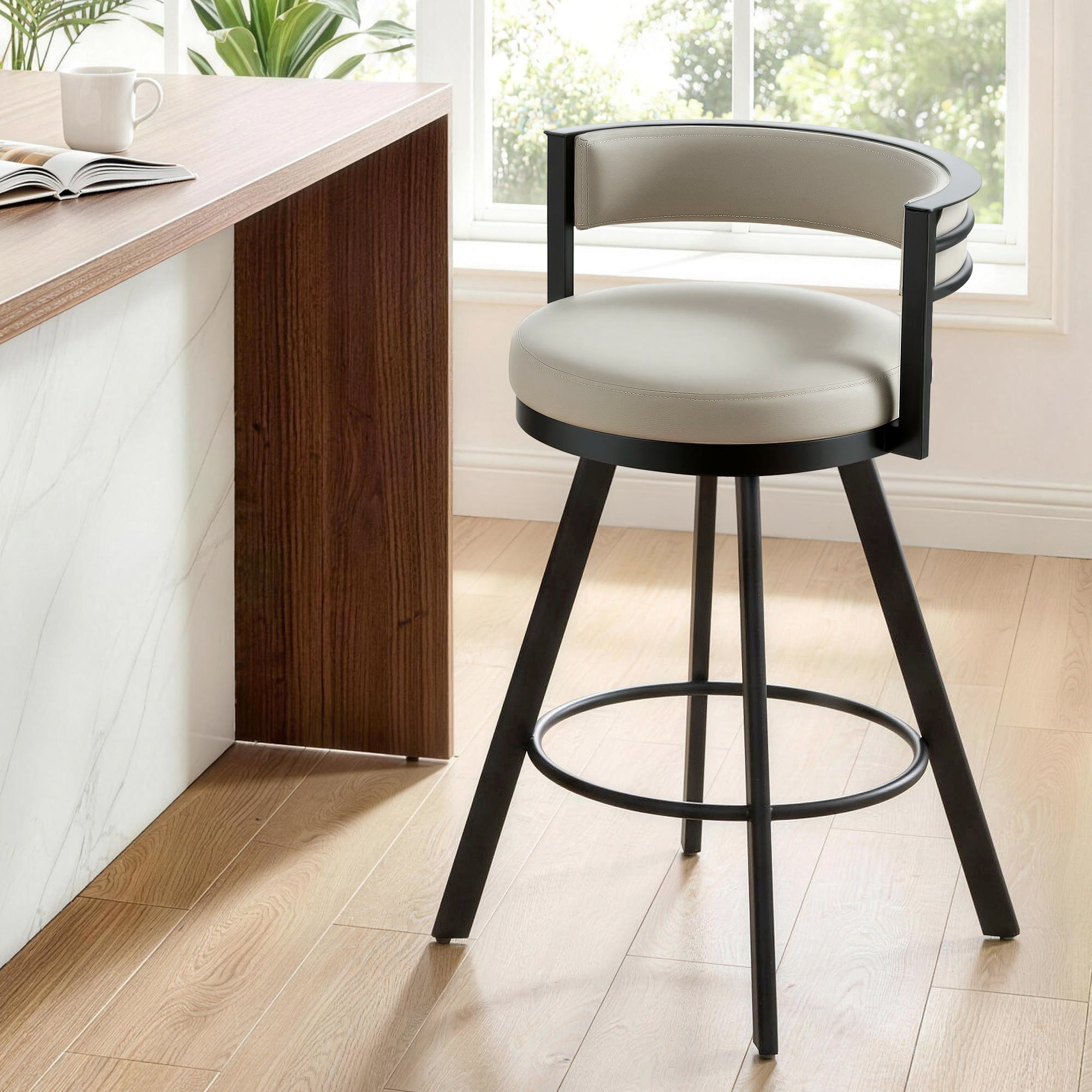 Modern Swivel Bar Stool 360 PU Leather Kitchen Counter Chair Beige