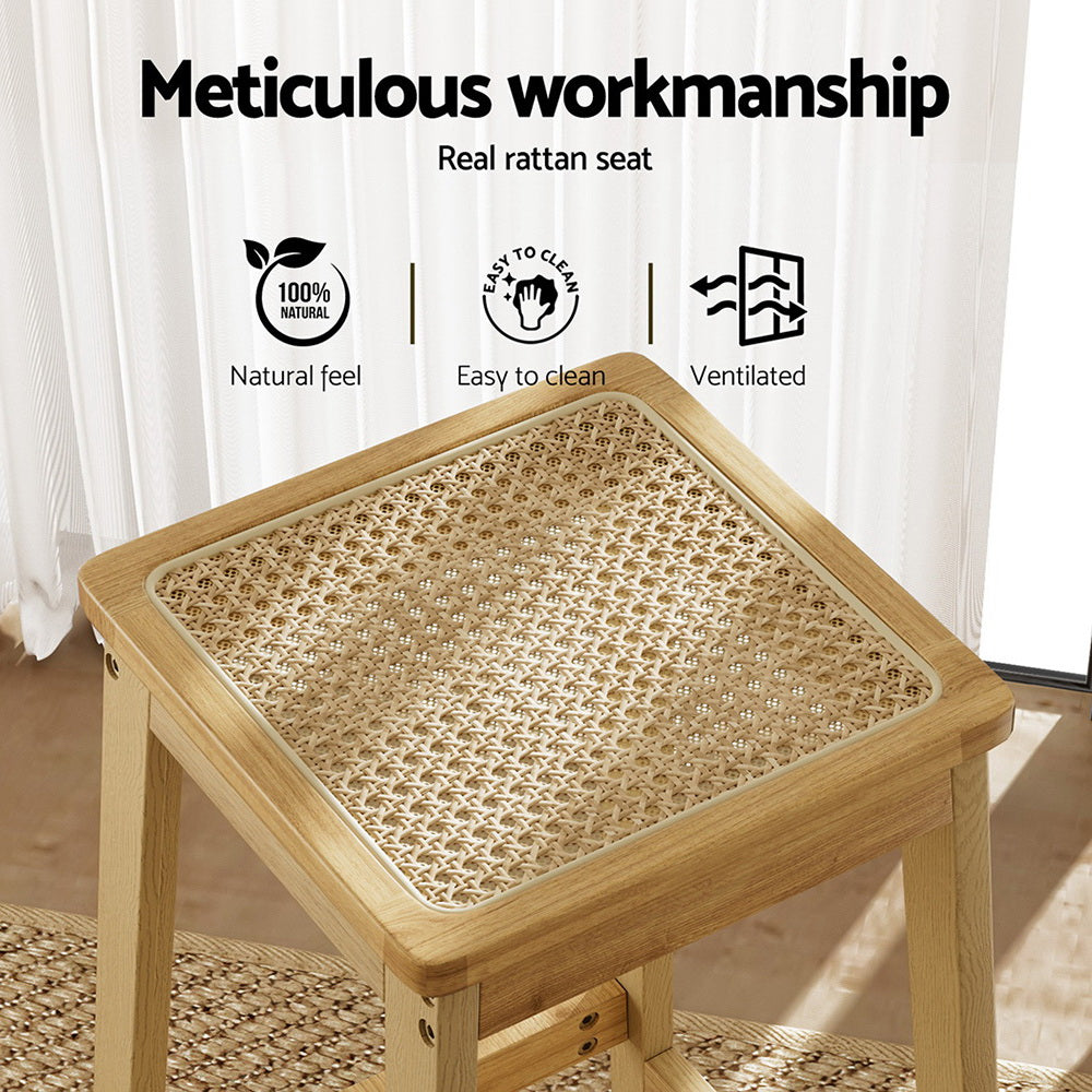 2x Bar Stools Rubber Wood Stool Counter Chair Rattan Barstools Kitchen