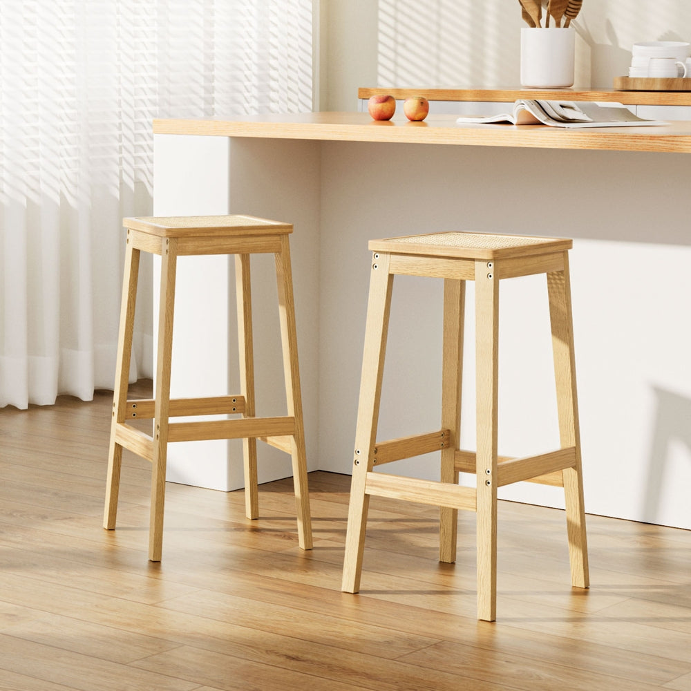 2x Bar Stools Rubber Wood Stool Counter Chair Rattan Barstools Kitchen