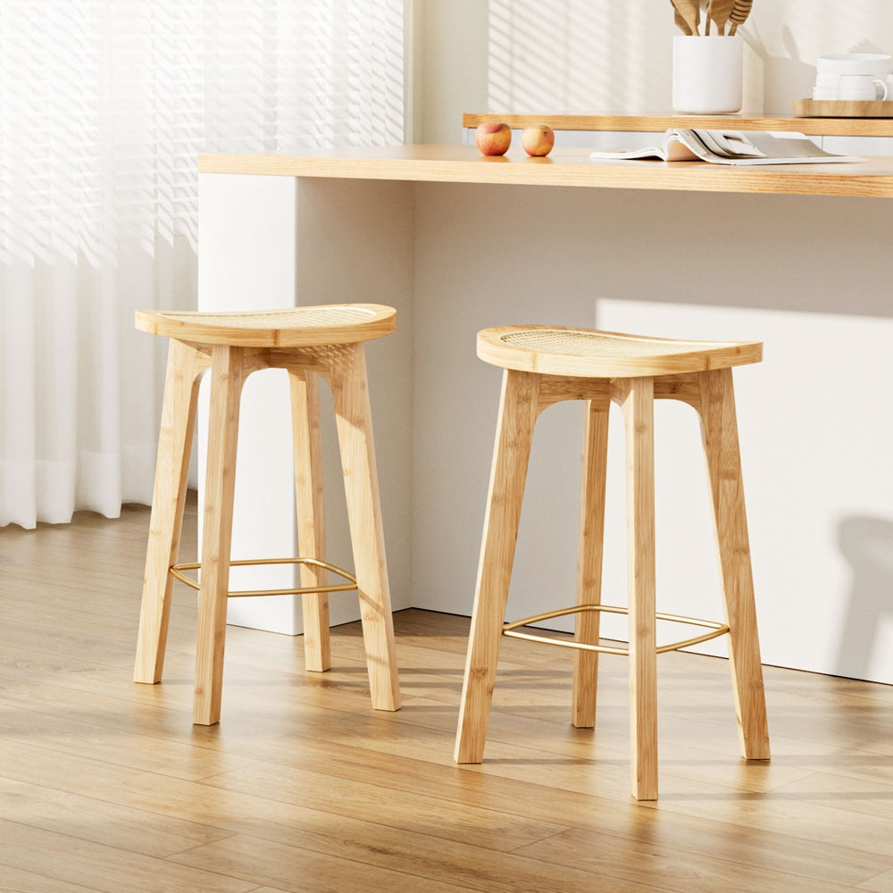 2x Bar Stools Bamboo Rattan Stool Counter Chair Kitchen Barstools