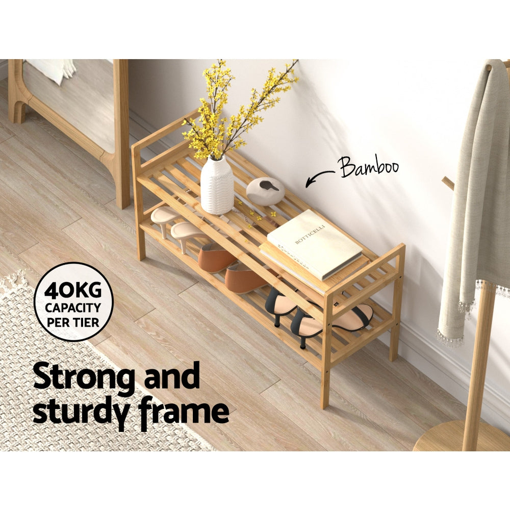 Bamboo Storage Cabinet 2-Tier Shoe Rack Organizer Shelf Pine