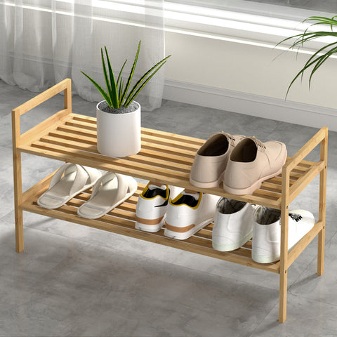 Bamboo Storage Cabinet 2-Tier Shoe Rack Organizer Shelf Pine