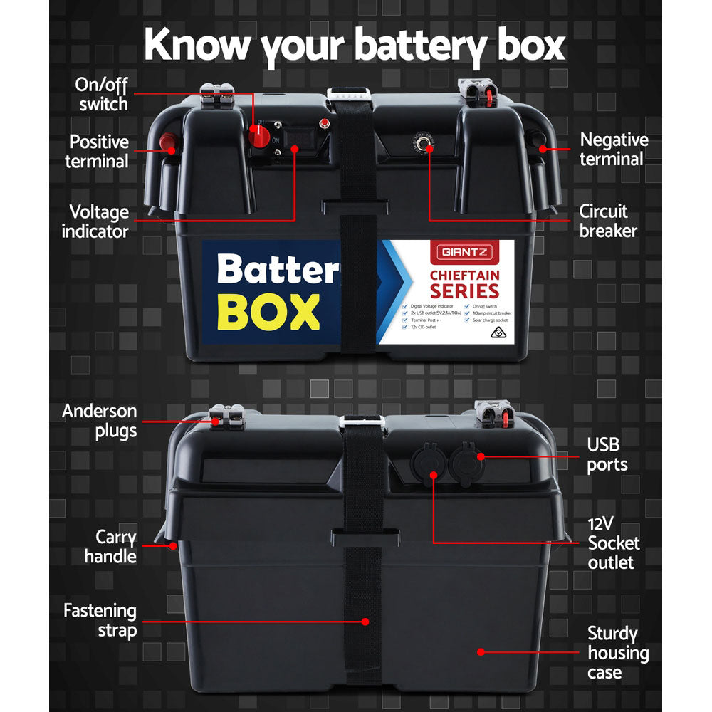 Battery Box 12V Camping Portable Deep Cycle AGM Universal Large USB Cig