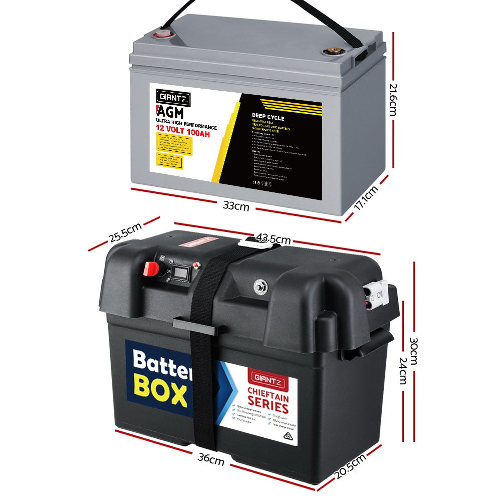 100Ah Deep Cycle Battery & Battery Box 12V AGM Marine Sealed Power Solar Caravan 4WD Camping