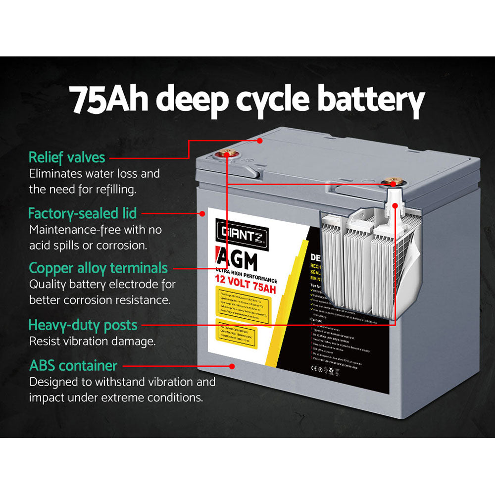 Deep Cycle Battery 12V 75Ah Marine Sealed Power Portable Box Solar X2