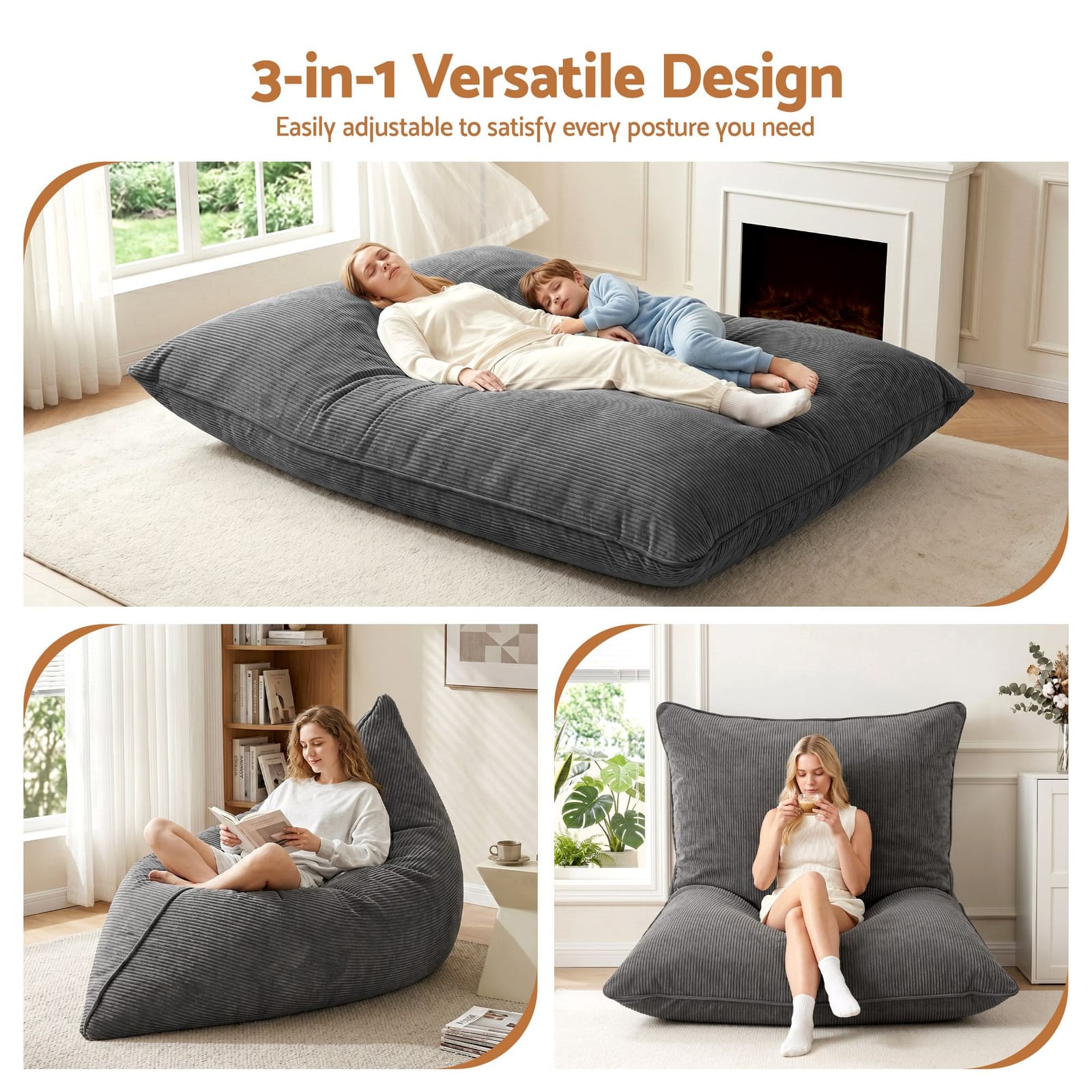 Convertible Bean Bag Chair Grey 180x140cm