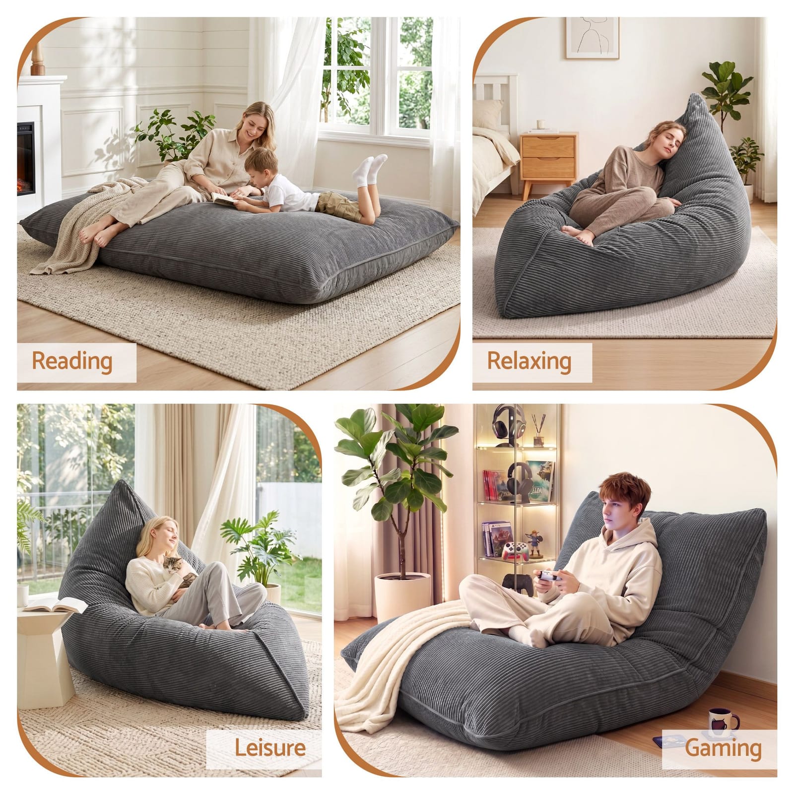 Convertible Bean Bag Chair Grey 180x140cm