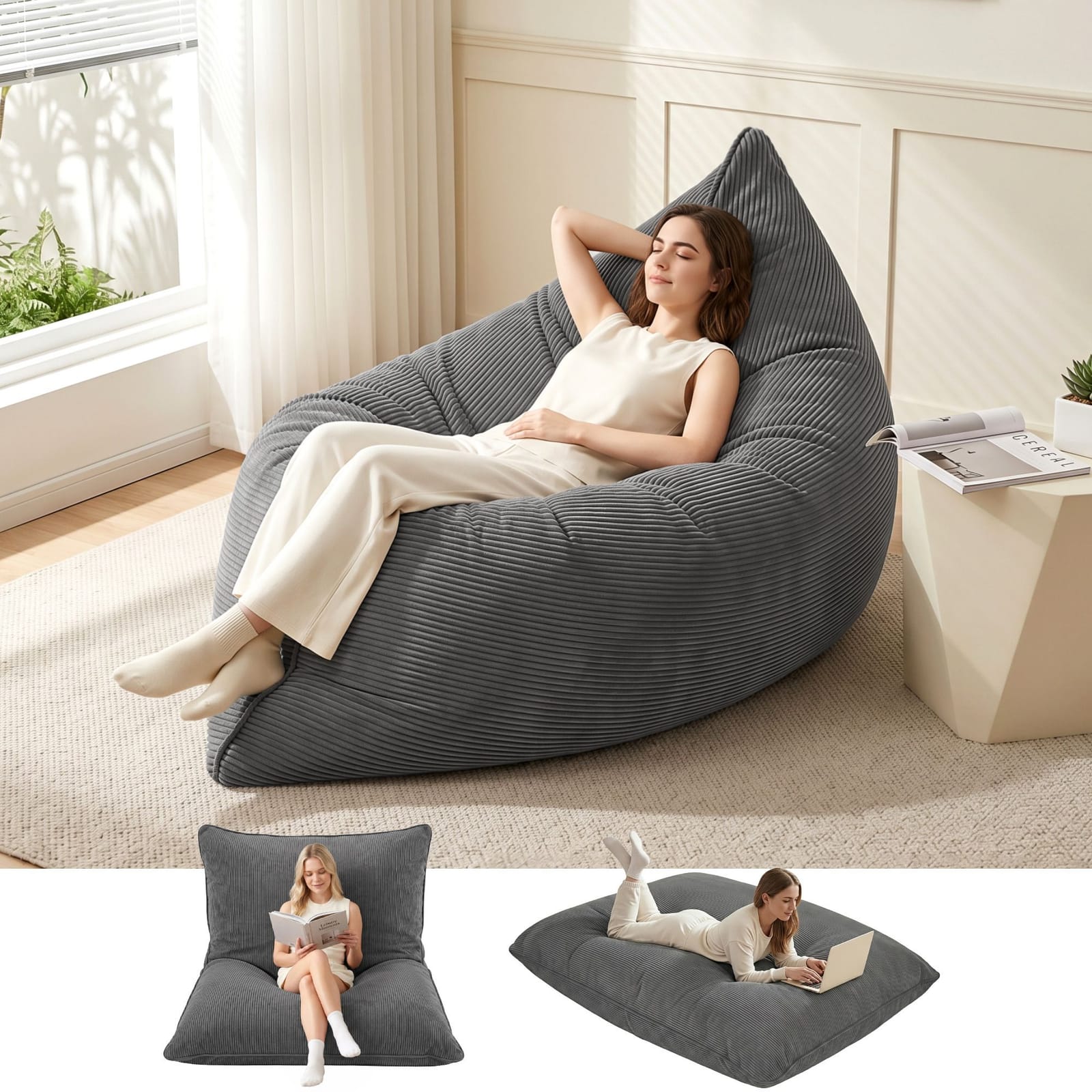 Convertible Bean Bag Chair Grey 180x140cm