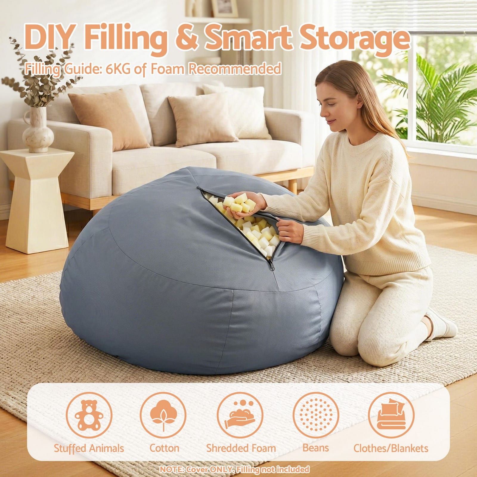 Grey Outdoor Bean Bag Cover 83x87x77cm