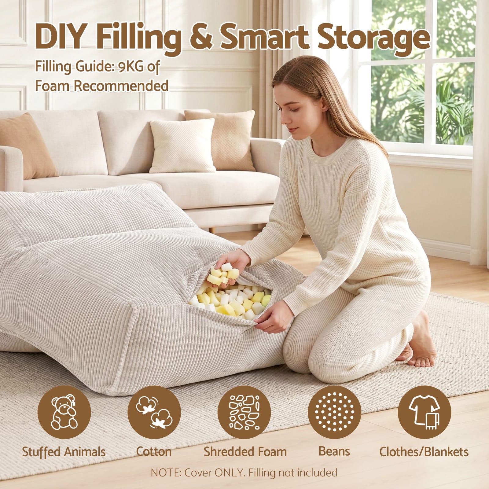 Bean Bag Cover Soft Corduroy 88x73x98cm