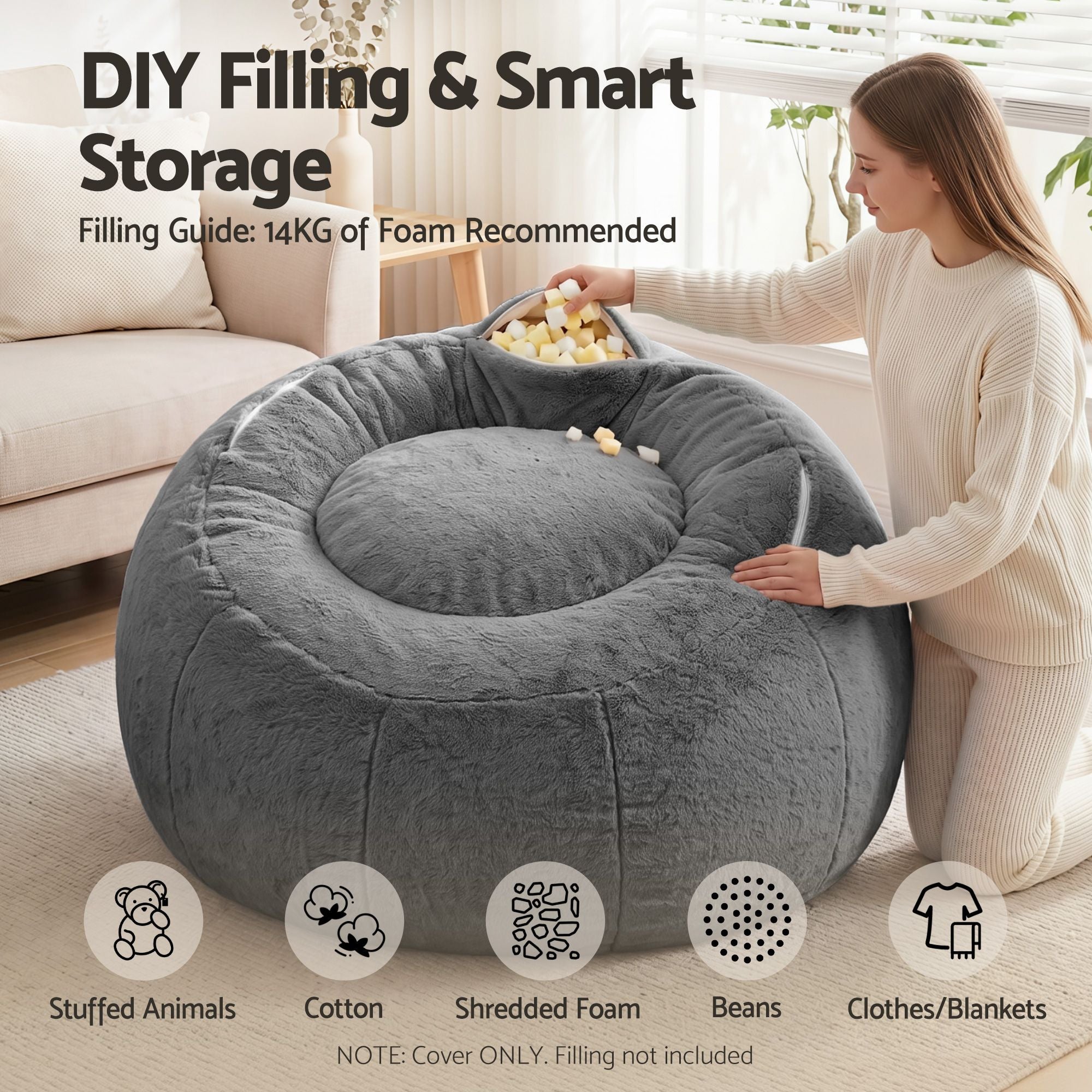 Faux Fur Bean Bag Cover Large Round Storage | Simpledeals