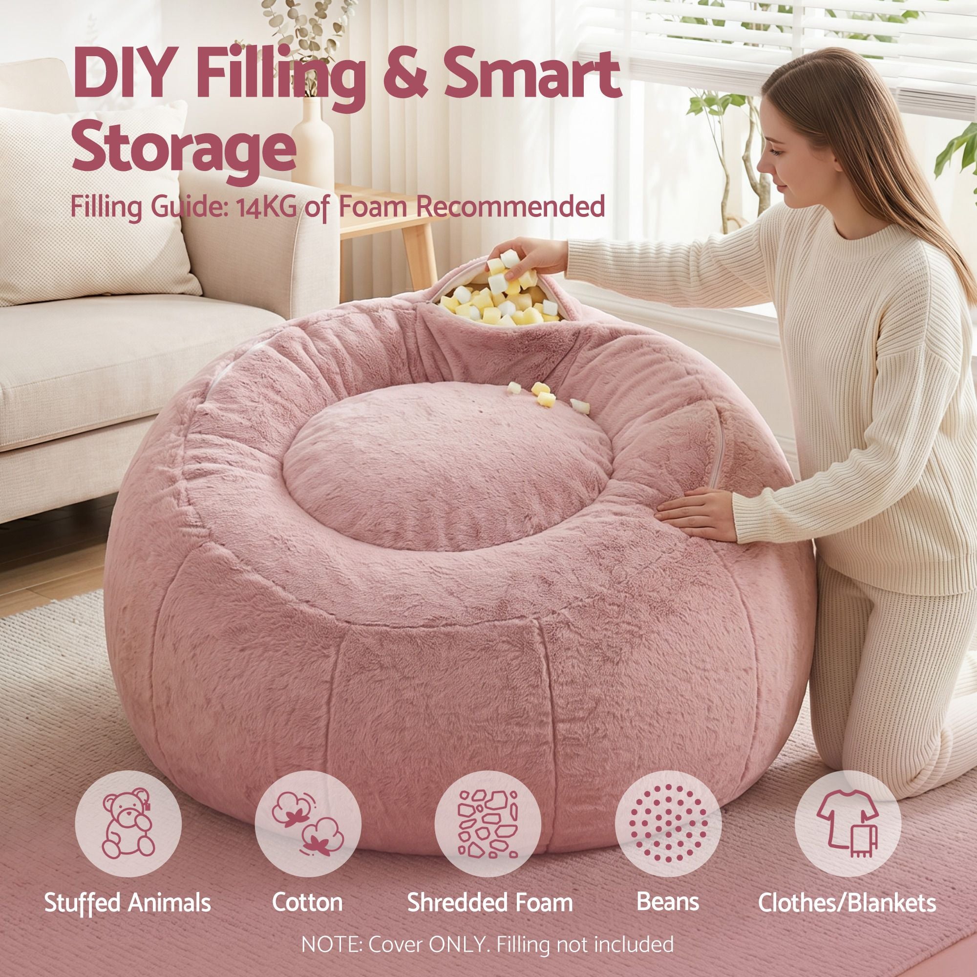 Artiss Bean Bag Cover Faux Fur Large Pink | Simpledeals