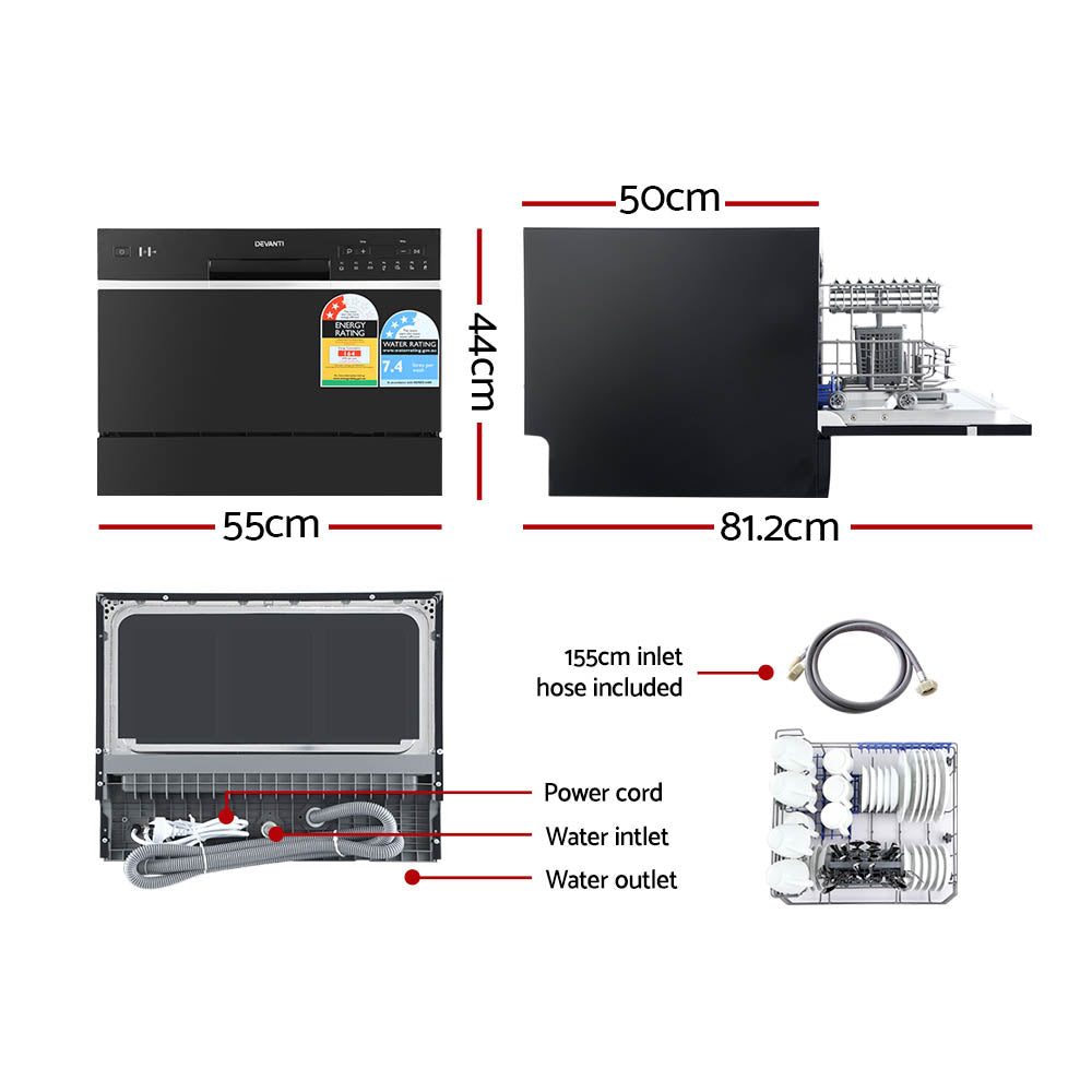 6 Place Setting Benchtop Dishwasher Counter Bench Top Black