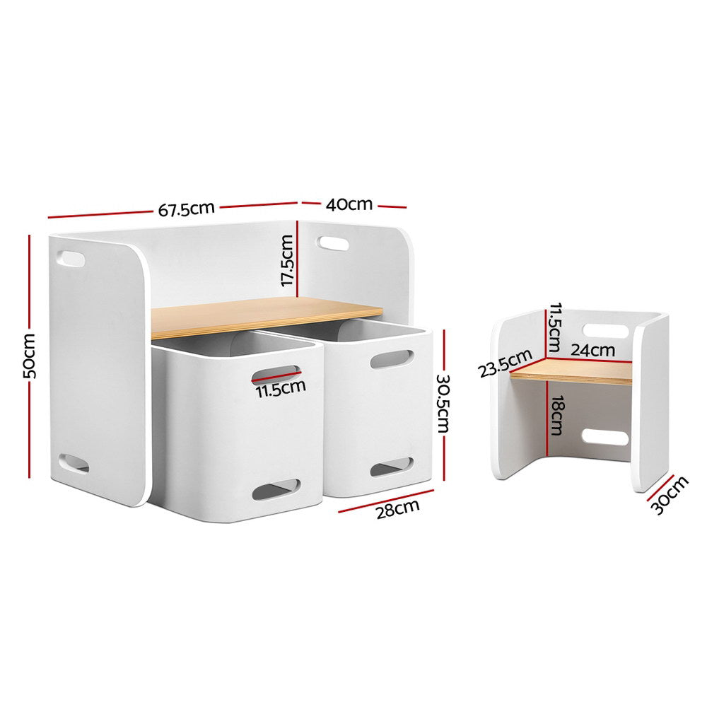3Pcs Kids Table And Chairs Set Multifunctional Storage Desk White