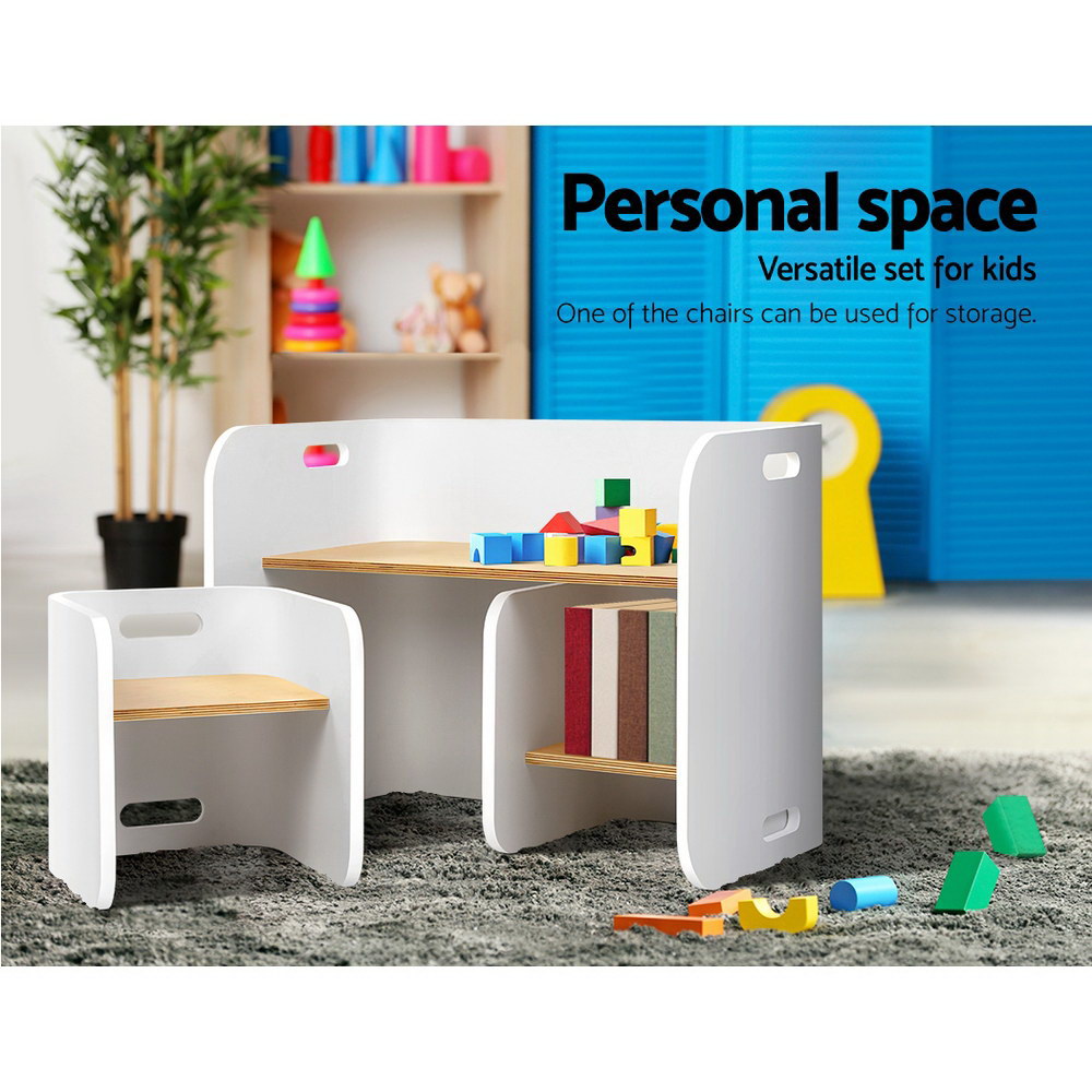 3Pcs Kids Table And Chairs Set Multifunctional Storage Desk White