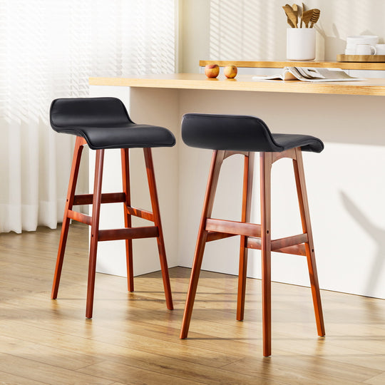 2x Bar Stools Wooden Stool Black - Artiss Leather Wood Bent