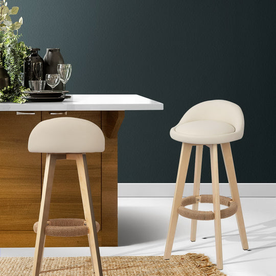 2x Bar Stools Padded Leather Wooden Beige - Table & Bar Stools