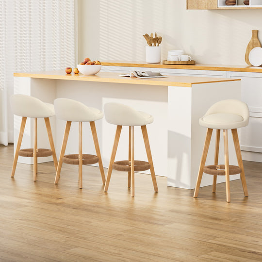 4x Bar Stools Padded Leather Wooden Beige Comfortable