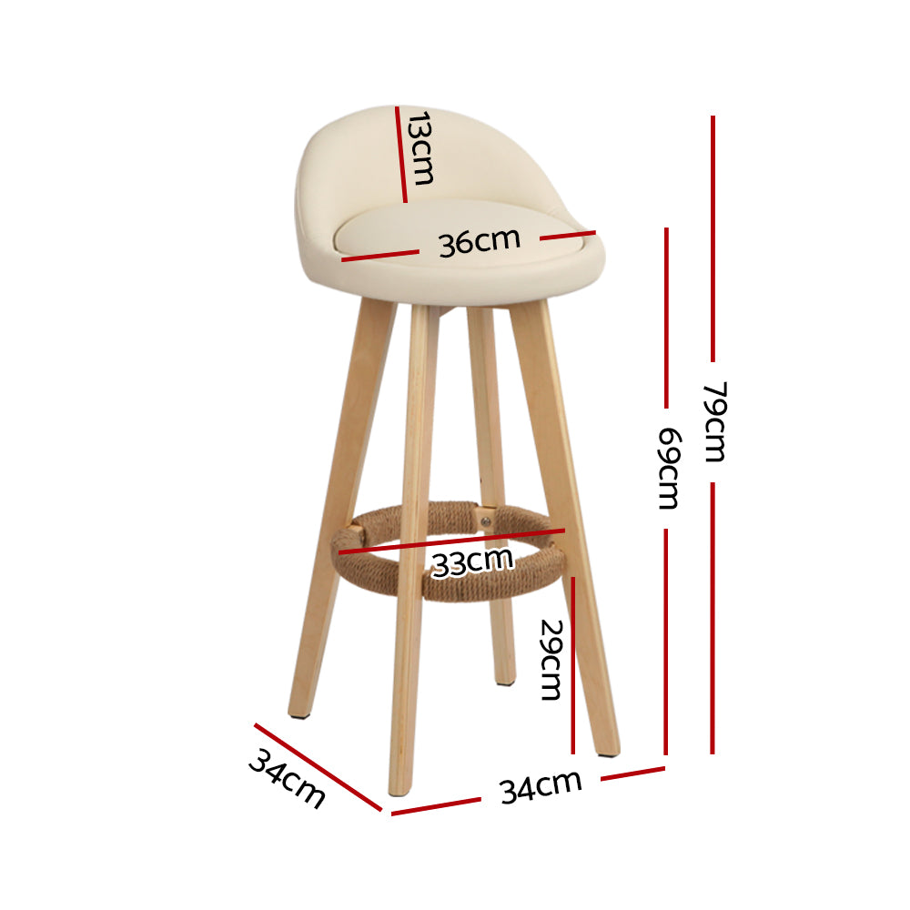 Table & Bar Stools - 4x Bar Stools Padded Leather Wooden Beige Comfortable
