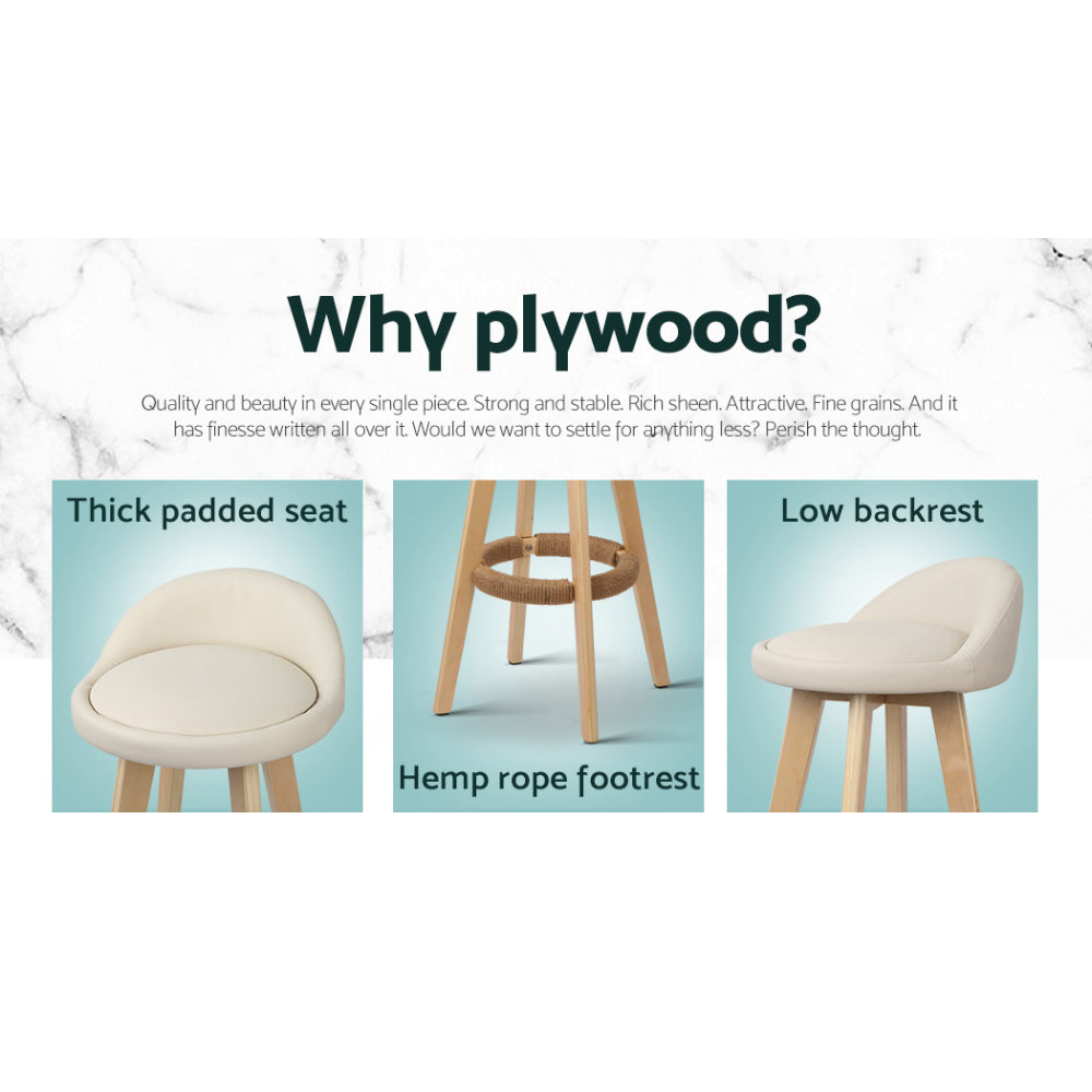 4x Bar Stools Padded Leather Wooden Beige Comfortable, Leather finish