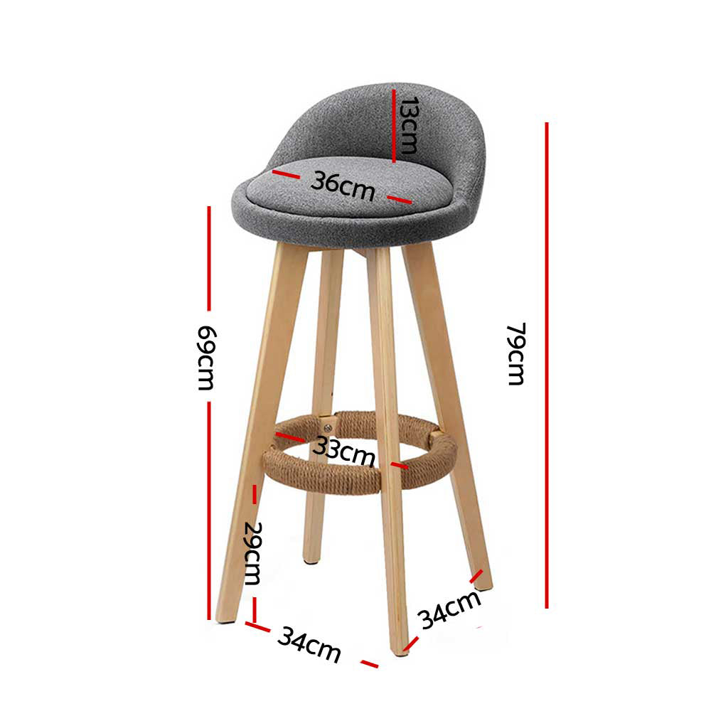 2x Bar Stools Padded Linen Wooden Grey