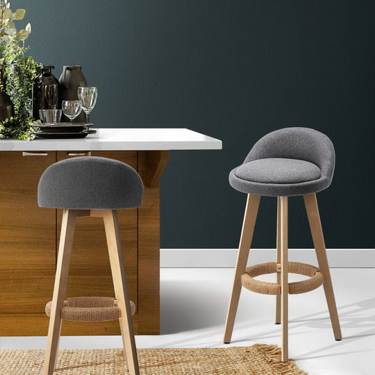 2x Bar Stools Padded Linen Wooden Grey - Table & Bar Stools